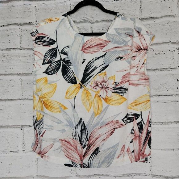 C&C California Women's 100% Linen Button Back Floral Short Sleeve Shirt Medium - Picture 1 of 12